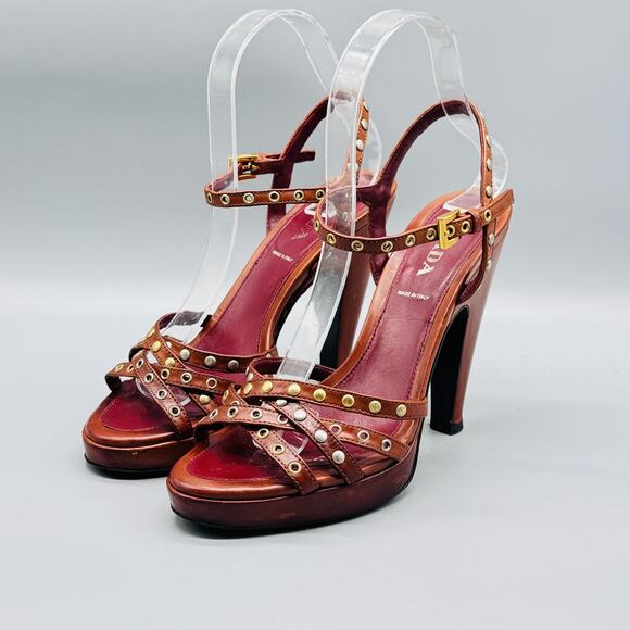 Prada Sandals Womens 6 Brown Leather Studded Strappy Buckle Platform High Heel - Picture 4 of 12